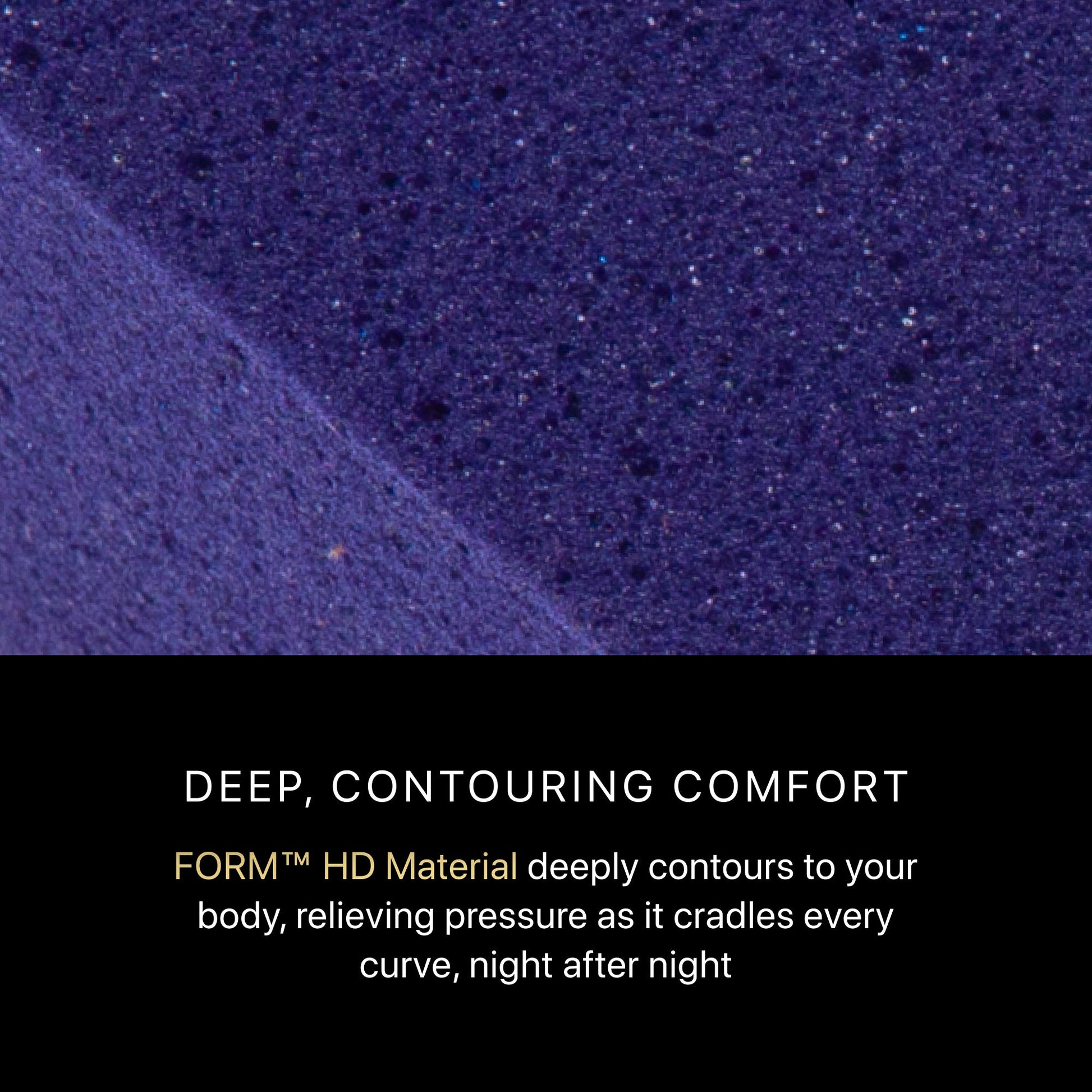 Text describing deep, contouring comfort with a close-up of purple textured material.