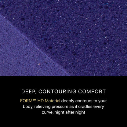 Text describing deep, contouring comfort with a close-up of purple textured material.