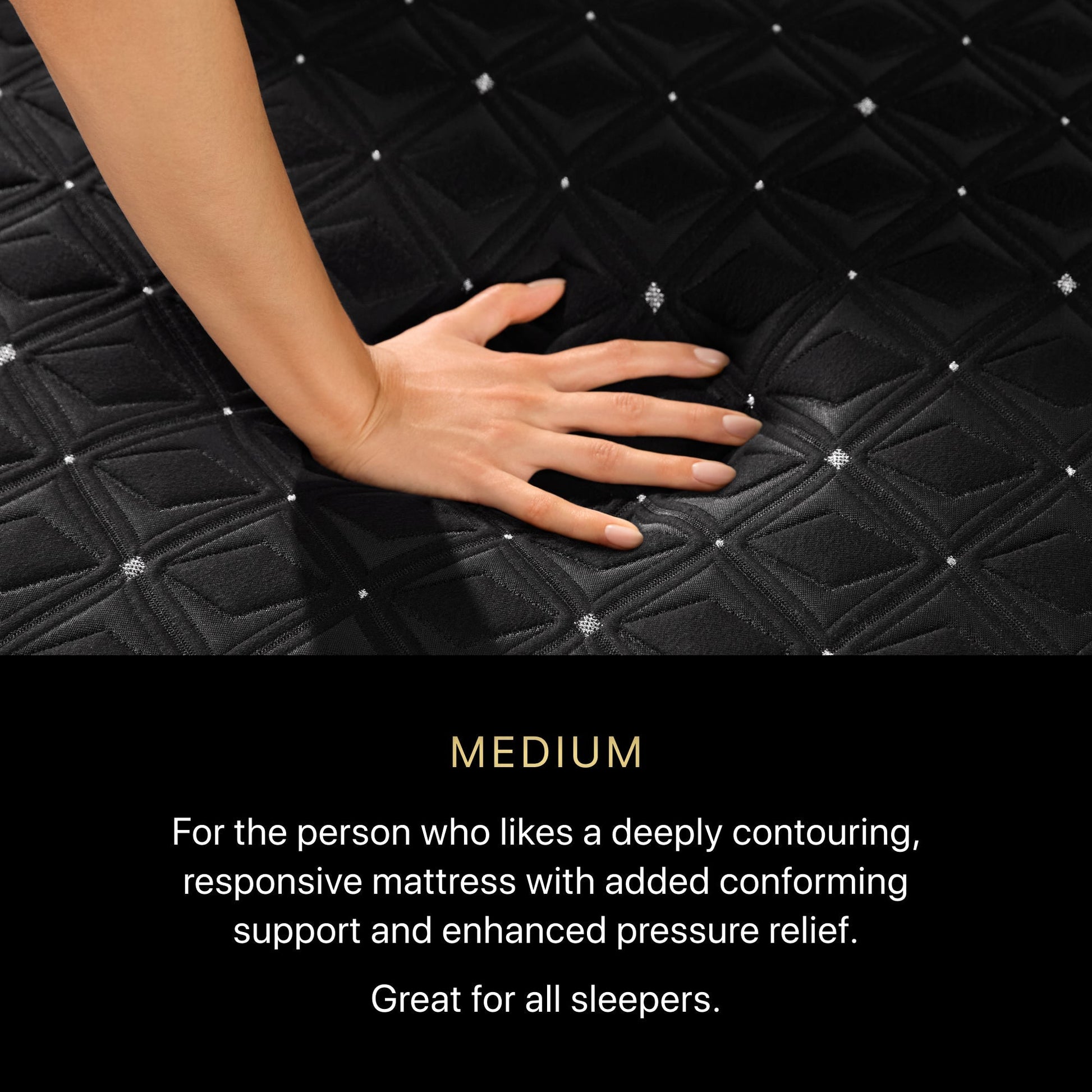 Hand pressing into a textured black mattress with text describing its features.