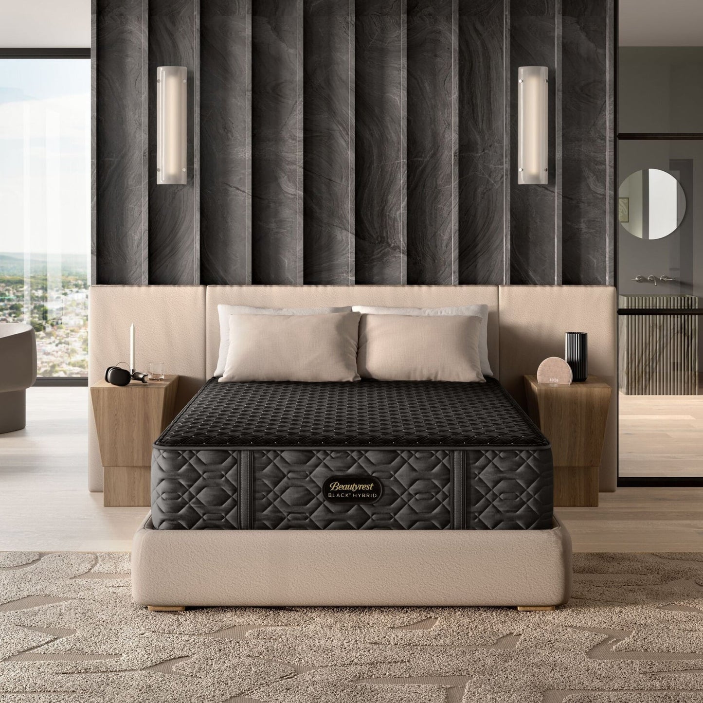 Black mattress on a bed in a modern bedroom setting