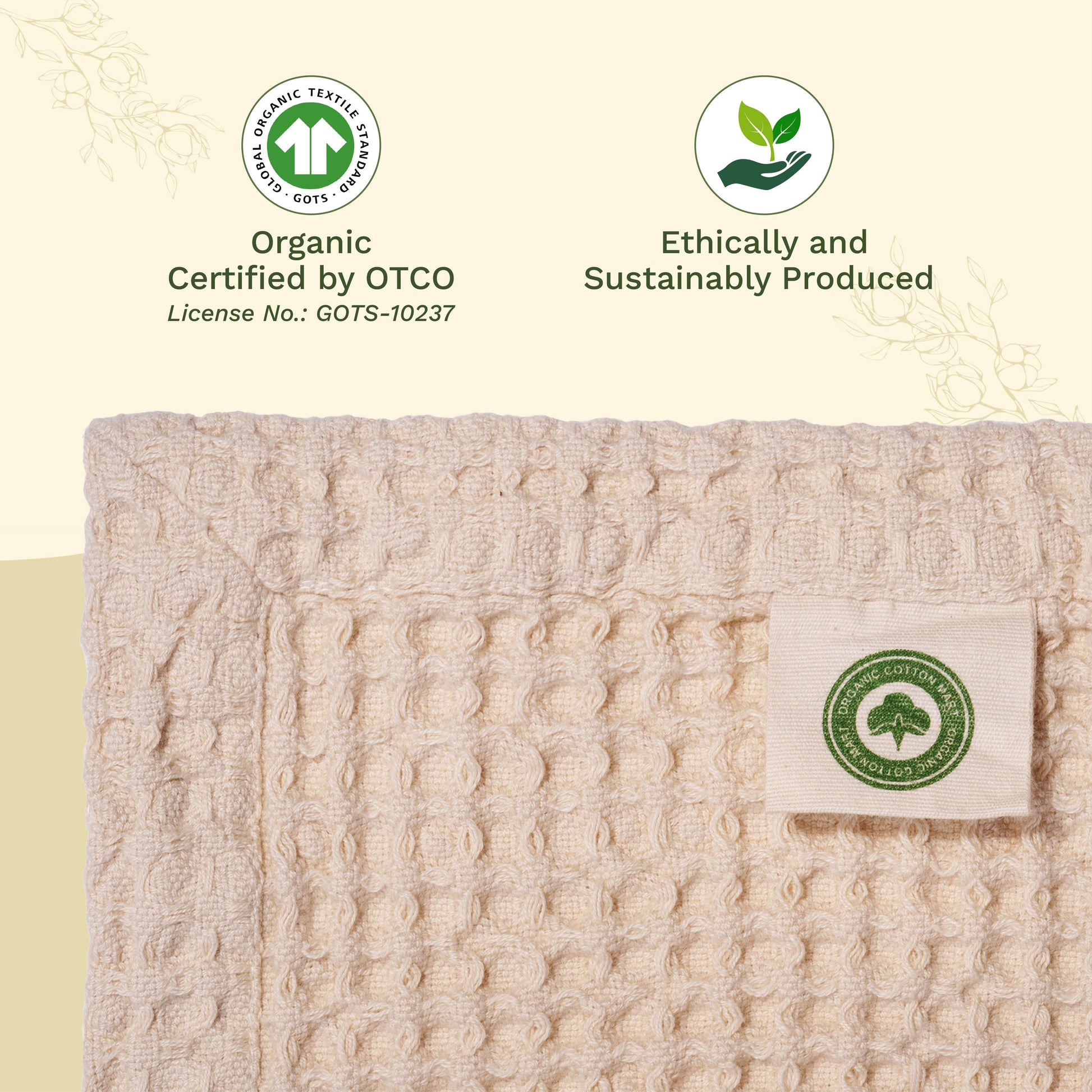 Beige textured fabric with organic certification labels on a beige background