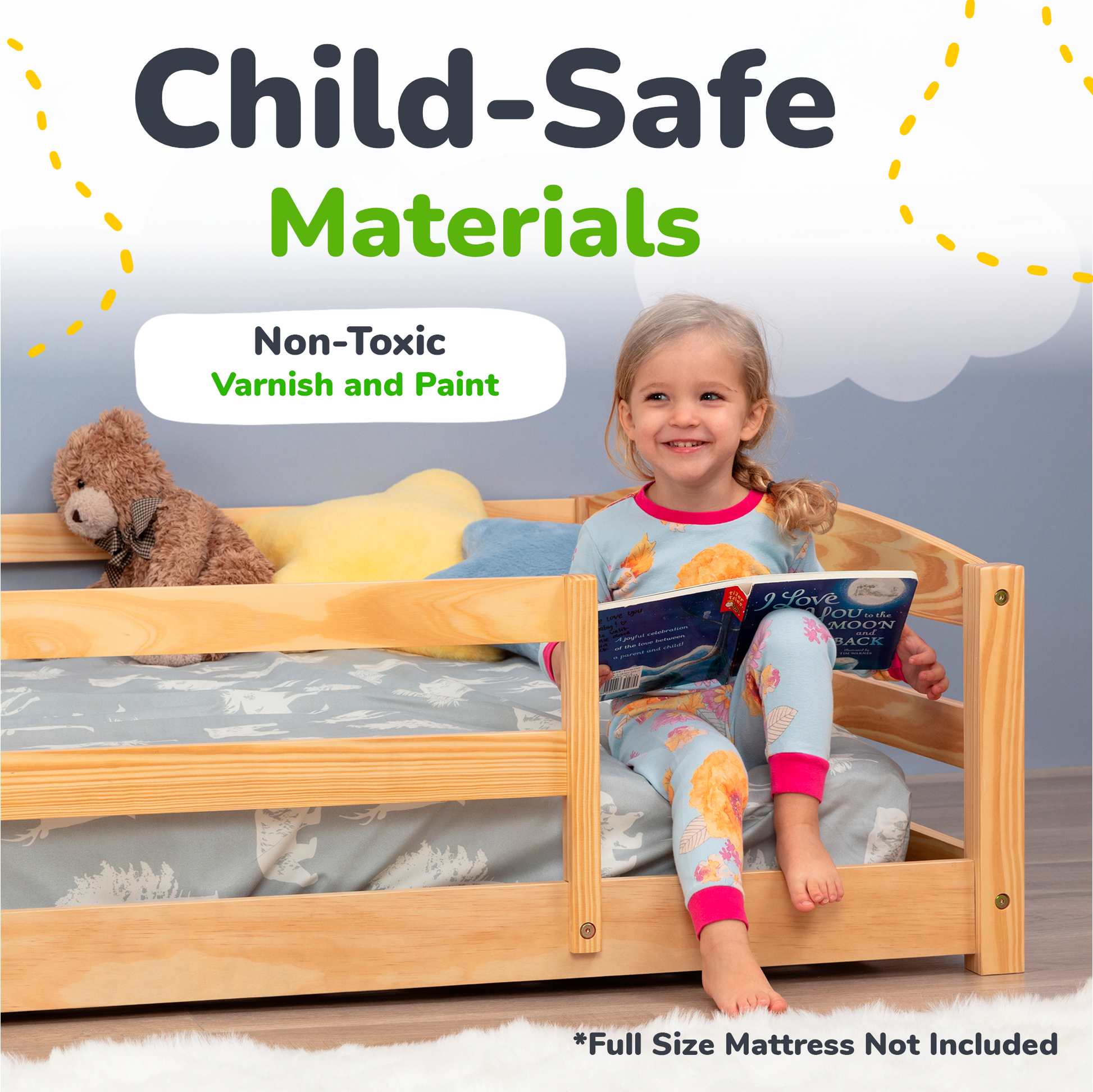 Child sitting in a wooden bed with toys and a book, emphasizing child-safe materials and non-toxic varnish and paint.