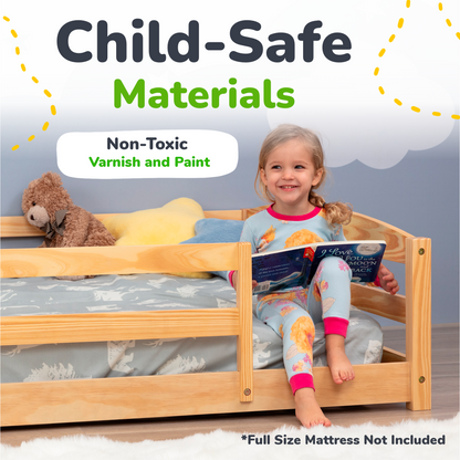 Child sitting in a wooden bed with toys and a book, emphasizing child-safe materials and non-toxic varnish and paint.