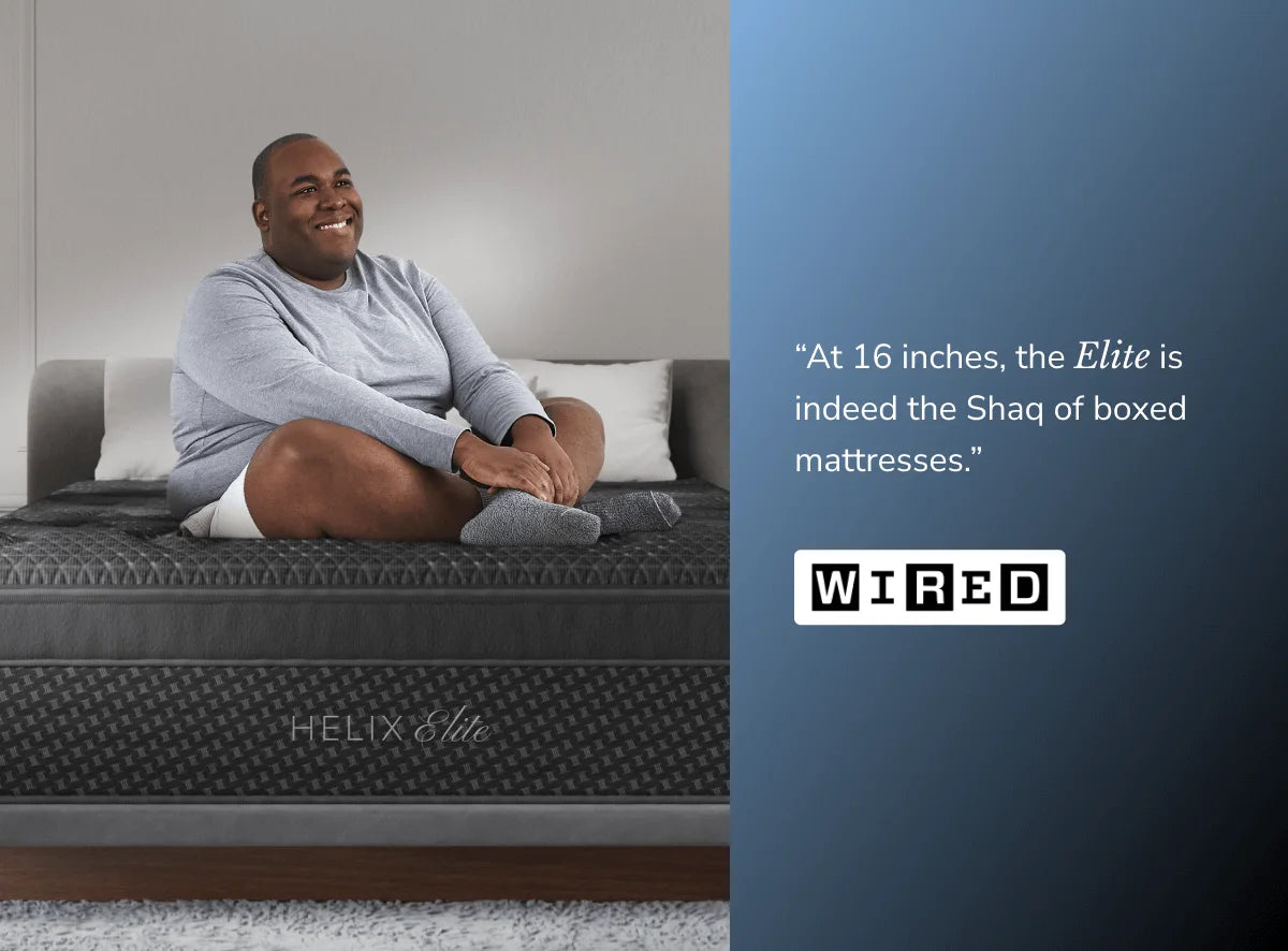 Man sitting on a Helix Elite mattress with a quote from WIRED on a blue background
