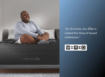 Man sitting on a Helix Elite mattress with a quote from WIRED on a blue background