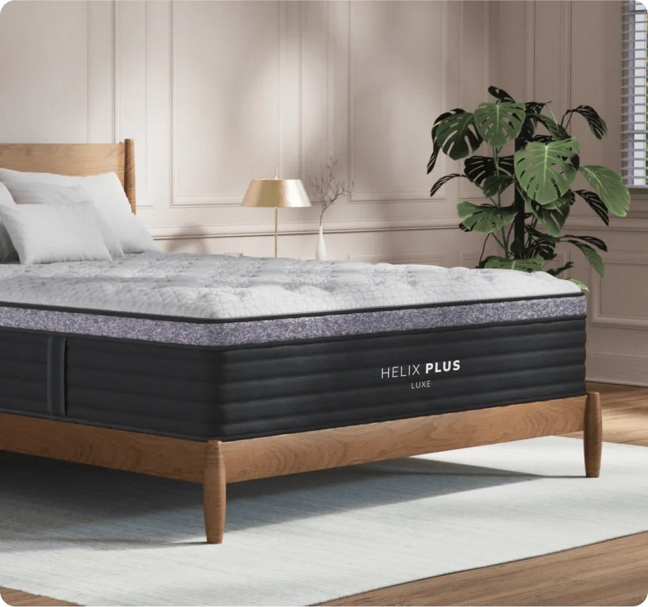 Helix plus luxe mattress in bedroom on wood bed frame