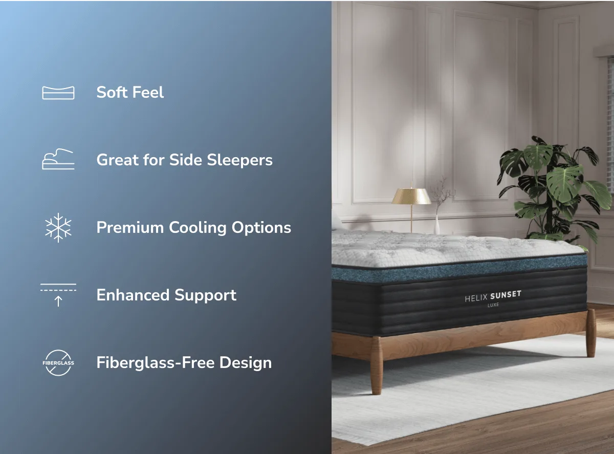 Helix Sunset mattress with features listed on a blue background
