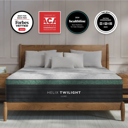 Helix Twilight Luxe mattress with various certification badges on a wooden bed frame.