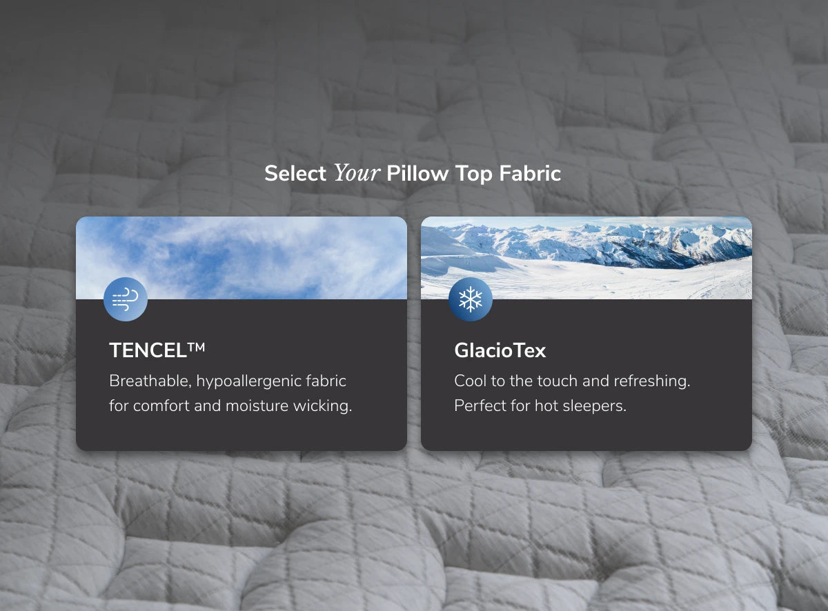 Two fabric options for a pillow top displayed on a textured fabric background.