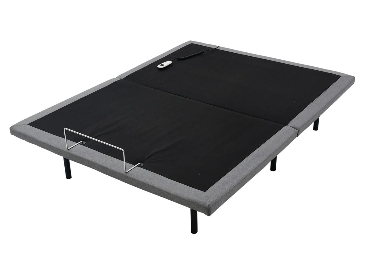 Adjustable bed base with a wired remote on a white background