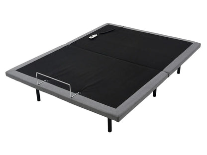 Adjustable bed base with a wired remote on a white background