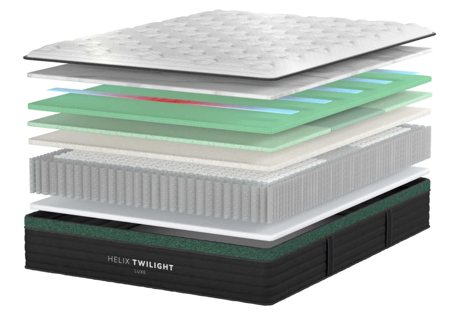 Helix Twilight mattress with cross-section view showing layers