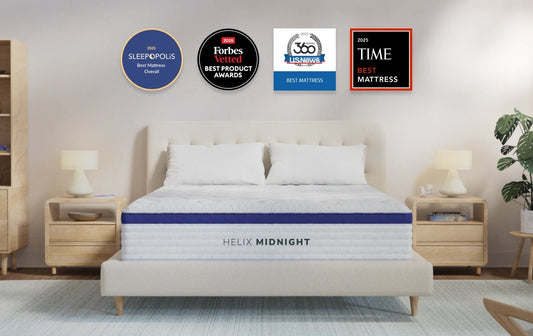 Helix Midnight mattress in a bedroom setting with various awards displayed above.