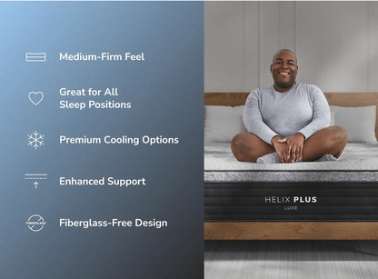 Person sitting on a Helix Plus mattress with product features listed on the left.