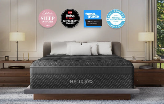 Helix Elite mattress in a bedroom setting with various awards displayed above it.