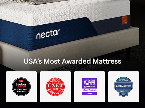 Nectar mattress with awards displayed on a black background