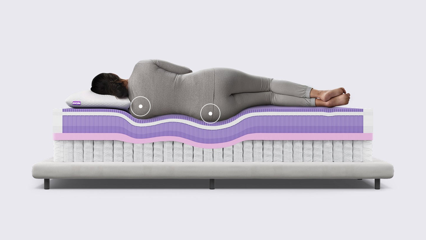 Person lying on a mattress with a cross-sectional view showing layers.