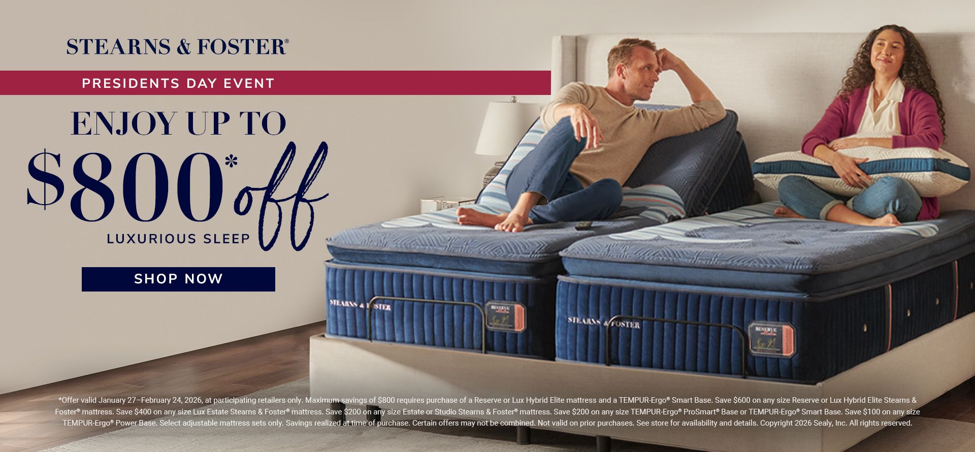 Stearns & Foster mattresses with a couple on them, promotional banner for Presidents Day event.