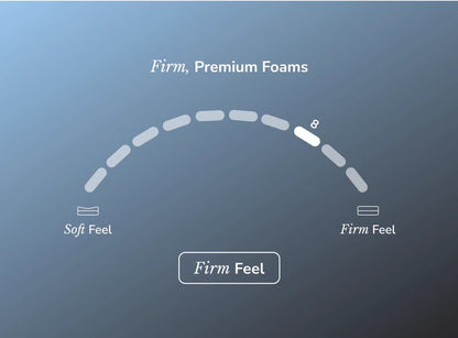 Diagram showing foam firmness levels with 'Soft Feel', 'Firm Feel', and 'Premium Foams' labels on a blue background.
