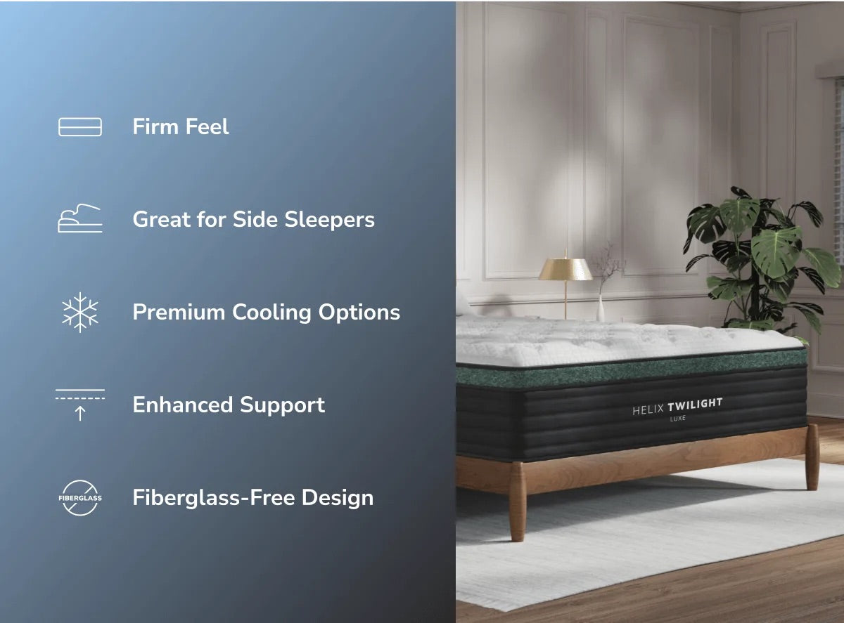 Helix Twilight mattress with features listed on a blue background