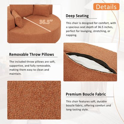 Orange red chair with deep seating, removable throw pillows, and premium boucle fabric on a white background.