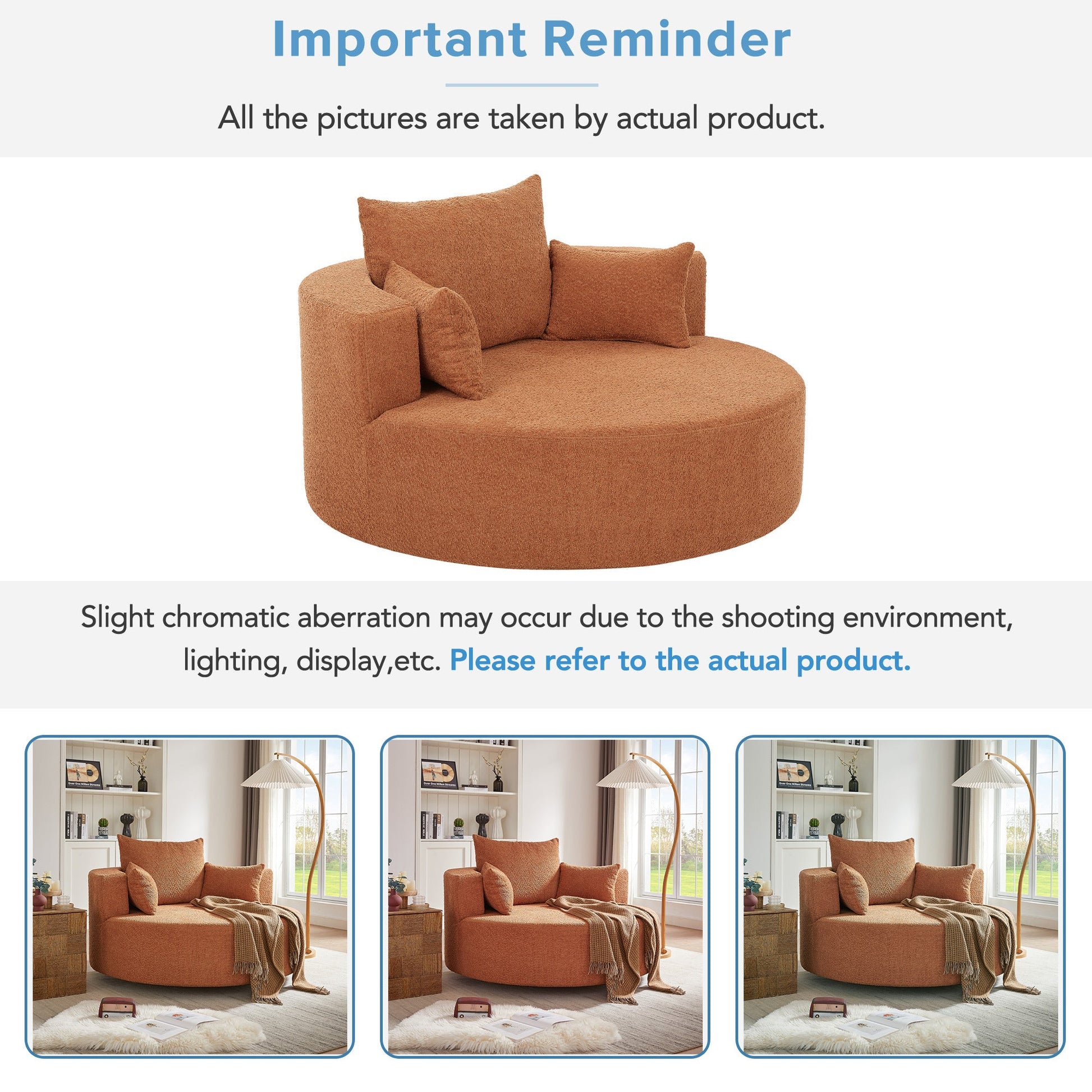 Orange circular chair with cushions in a room setting, featuring a 'Important Reminder' text at the top.