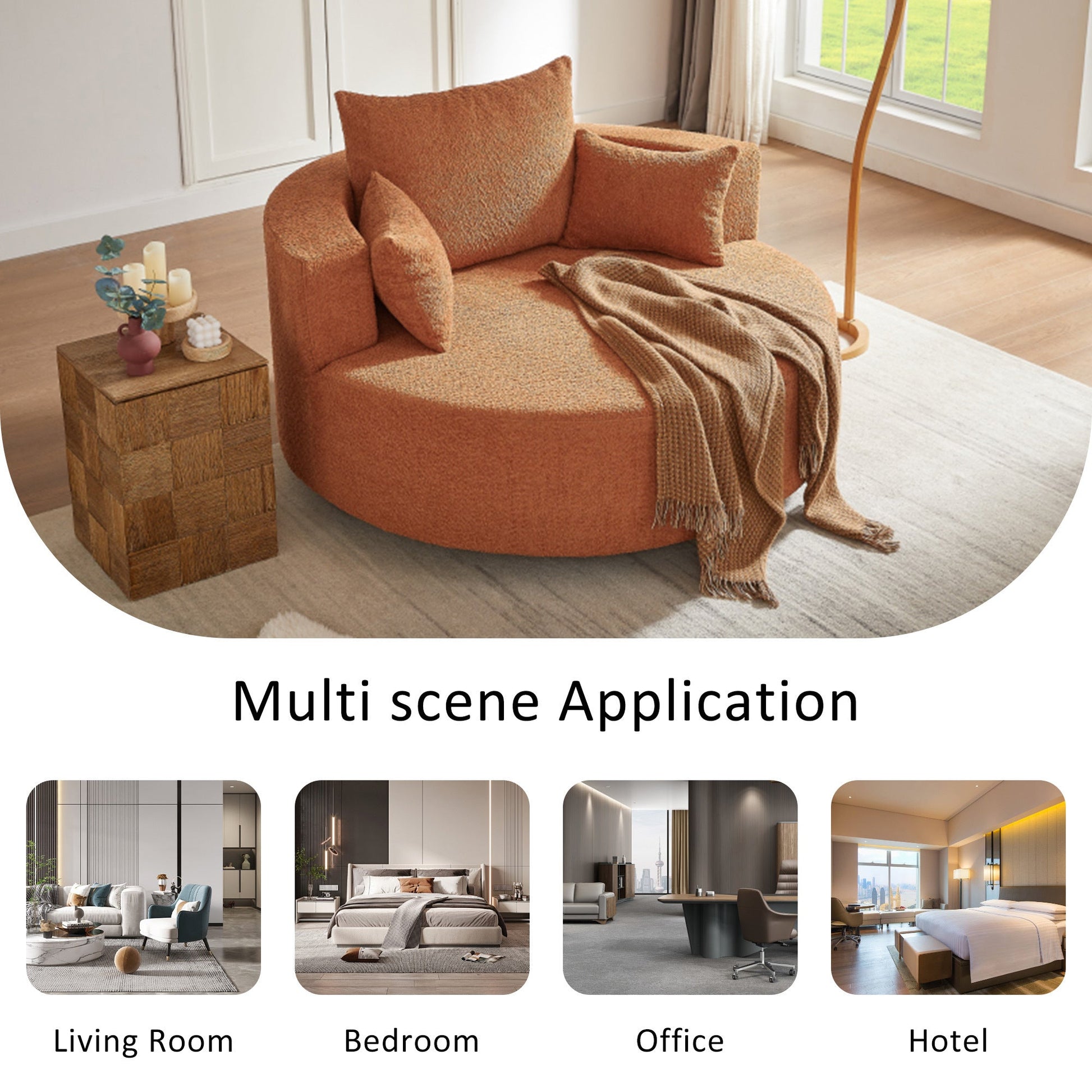 Orange circular chair in a living room with side tables and decor, featuring text 'Multi scene Application' and images of the sofa in different settings.