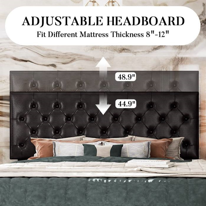 King size black faux leather tufted headboard with adjustable height feature on a bed against a marble wall.