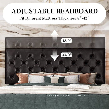 King size black faux leather tufted headboard with adjustable height feature on a bed against a marble wall.