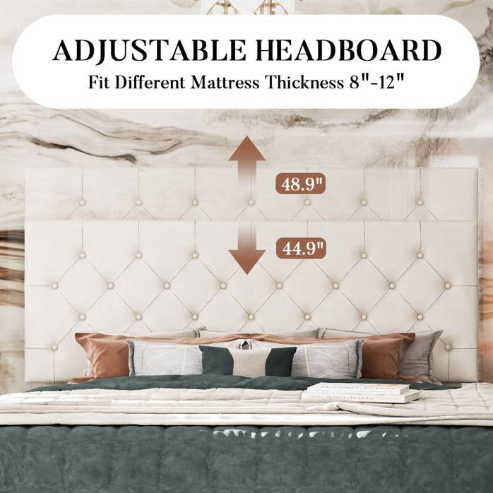 Full size bed frame with adjustable headboard with measurements on a marble wall background