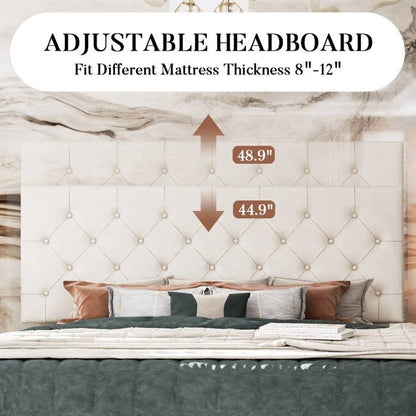 Full size bed frame with adjustable headboard with measurements on a marble wall background