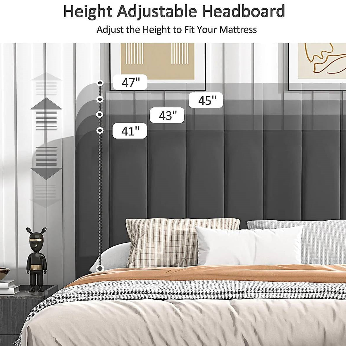 Twin Gray height-adjustable headboard with measurements in a bedroom setting.