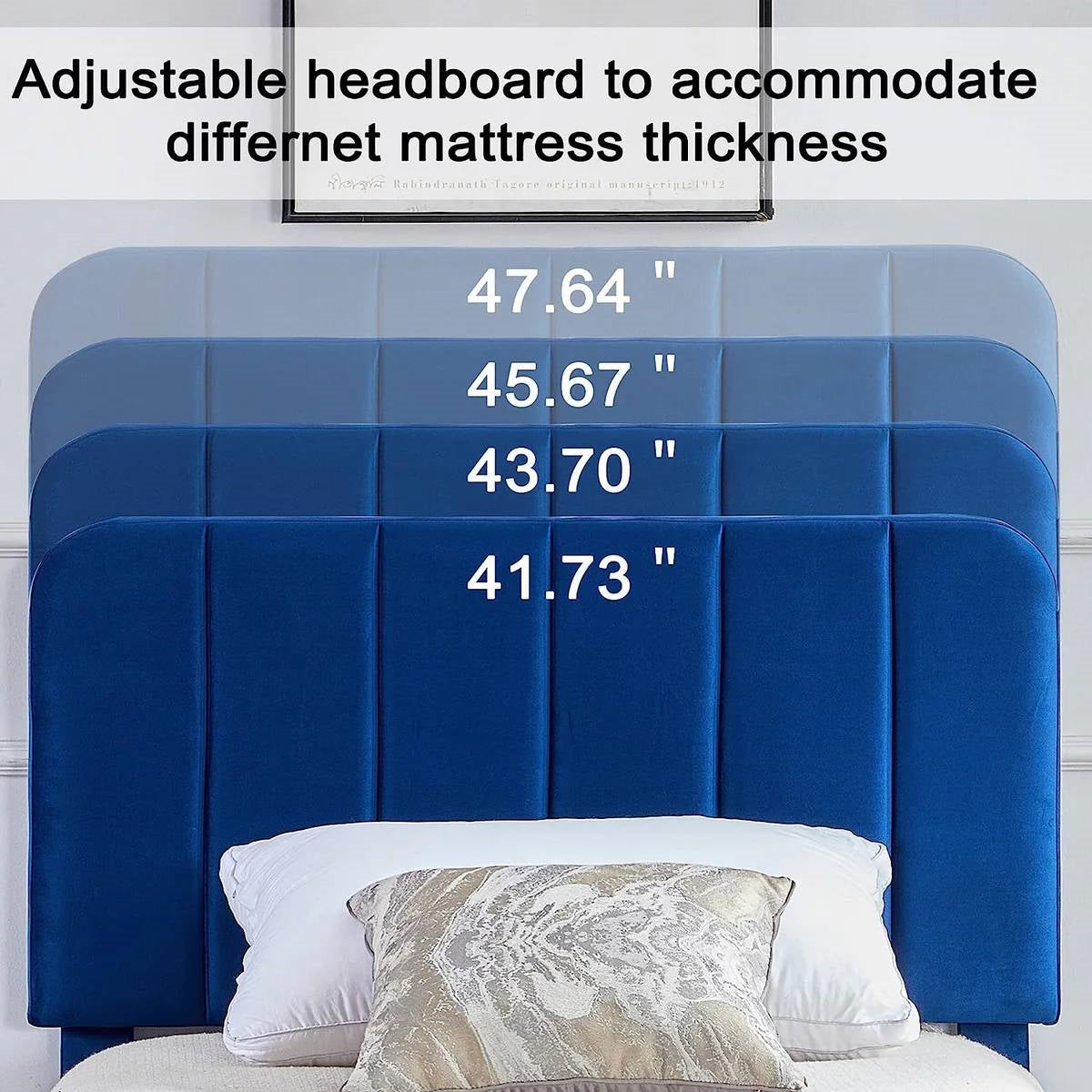 Twin blue adjustable headboard with measurements on a white background