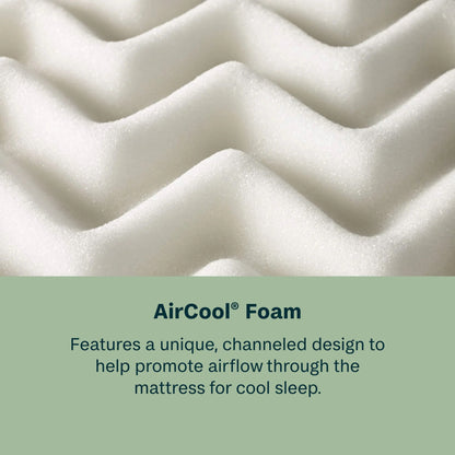 Close-up of AirCool foam with text describing its design for cool sleep.
