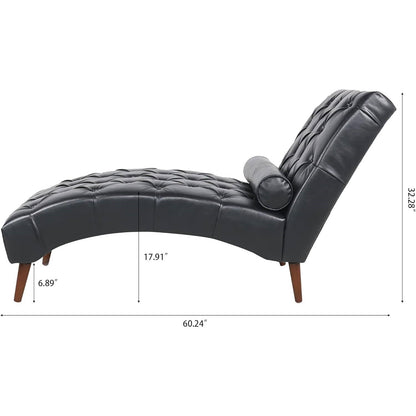 Black faux leather tufted chaise lounge with dimensions on a white background
