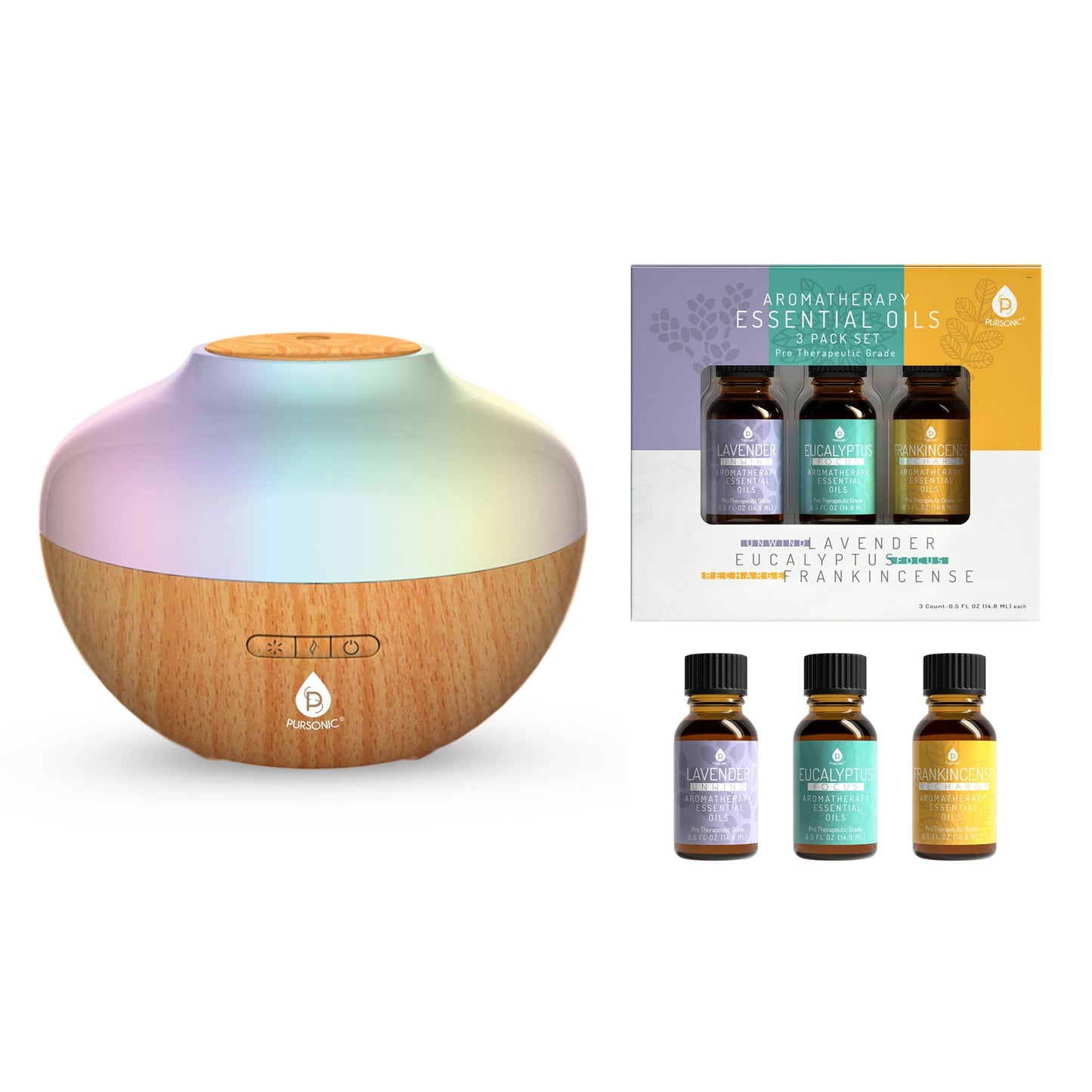 Aromatherapy diffuser and essential oils set on a white background