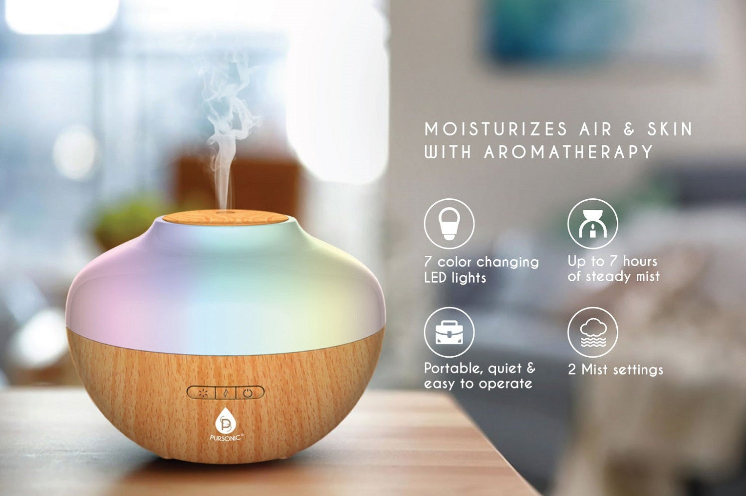 Aromatherapy diffuser with wooden design on a blurred background