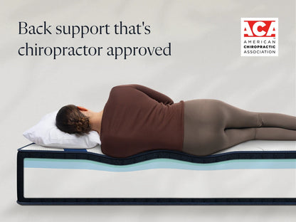 Person lying on a mattress with text 'Back support that's chiropractor approved' and ACA logo.