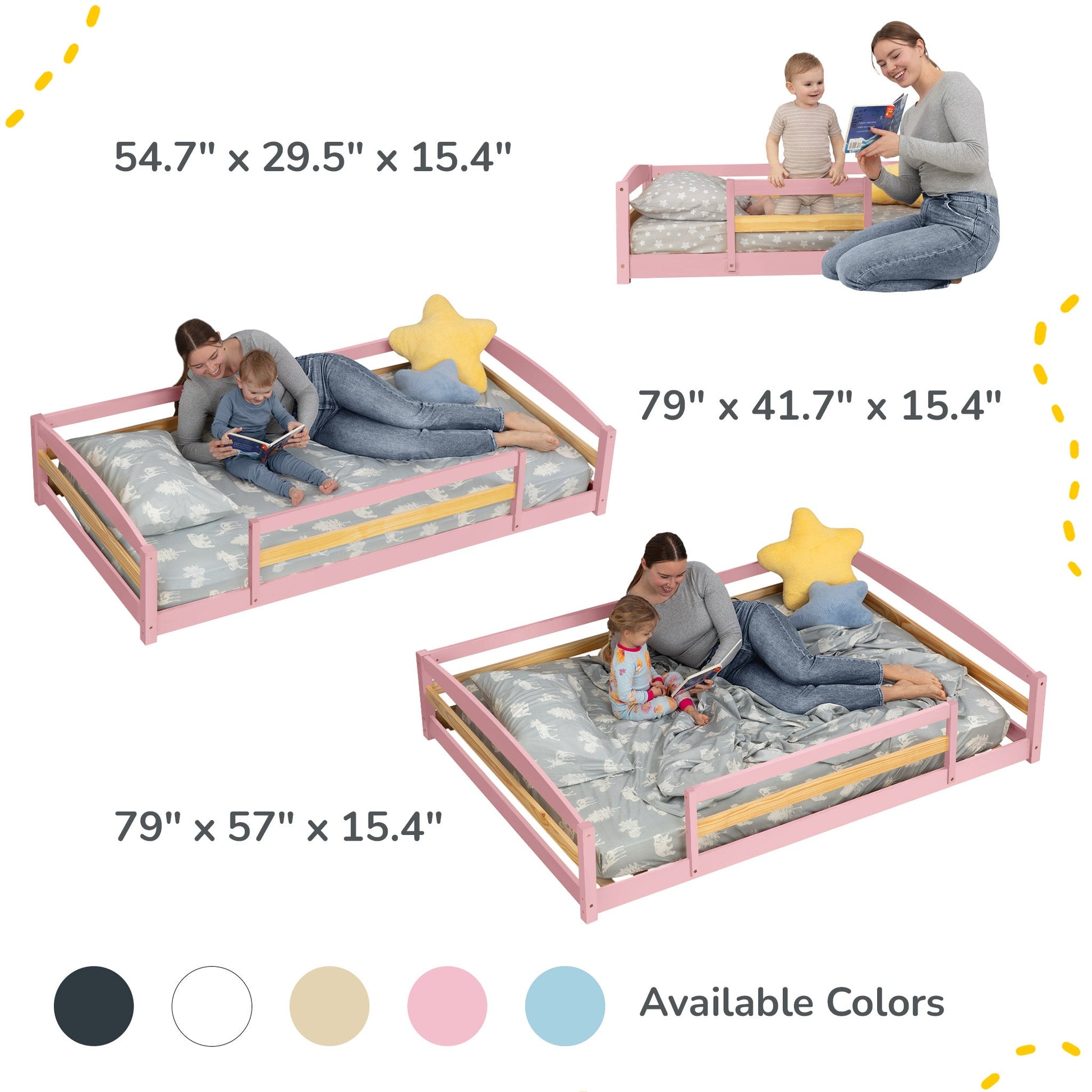 Pink children's bed with measurements and family using the bed.