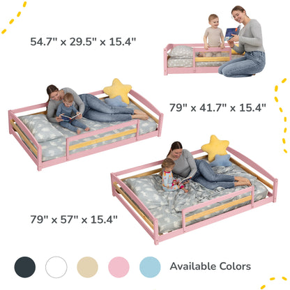 Pink children's bed with measurements and family using the bed.