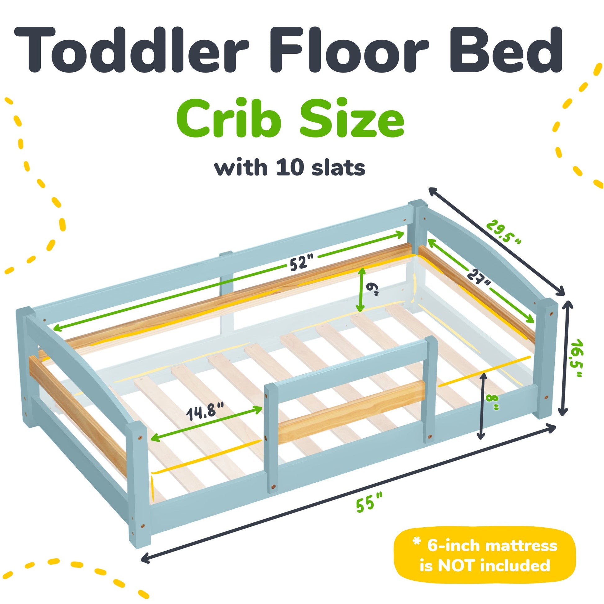 Measurement chart of a toddler floor bed with dimensions labeled