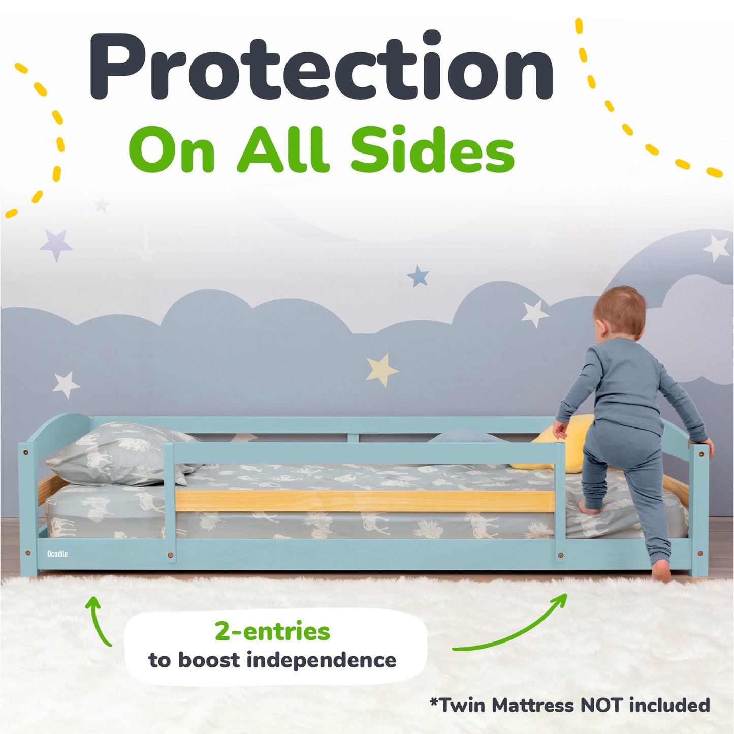 Child standing on a bed with a blue safety rail, emphasizing 'Protection On All Sides' and '2-entries to boost independence'.