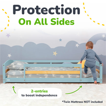 Child standing on a bed with a blue safety rail, emphasizing 'Protection On All Sides' and '2-entries to boost independence'.