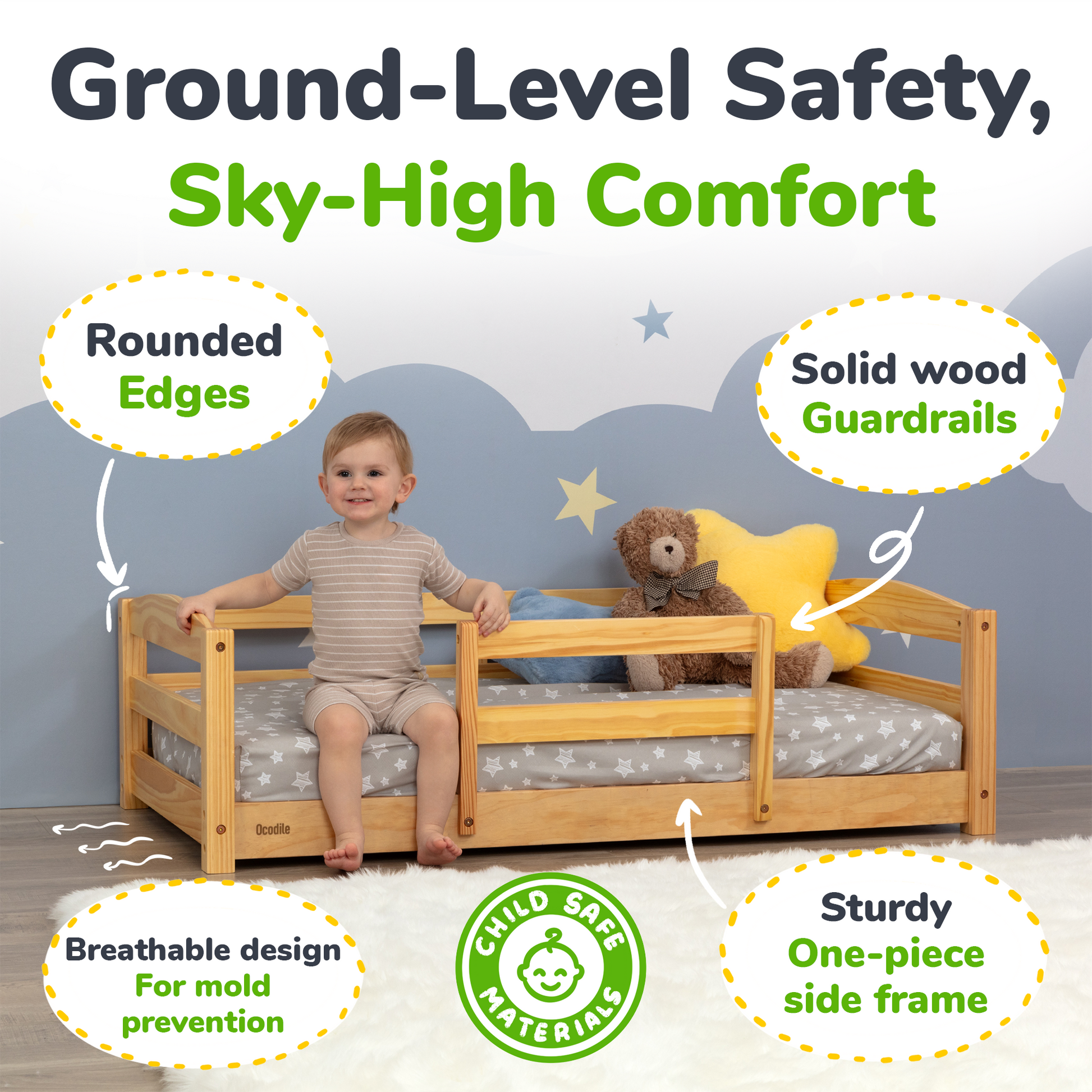 Child sitting on a wooden bed with safety features highlighted, including rounded edges and solid wood guardrails.