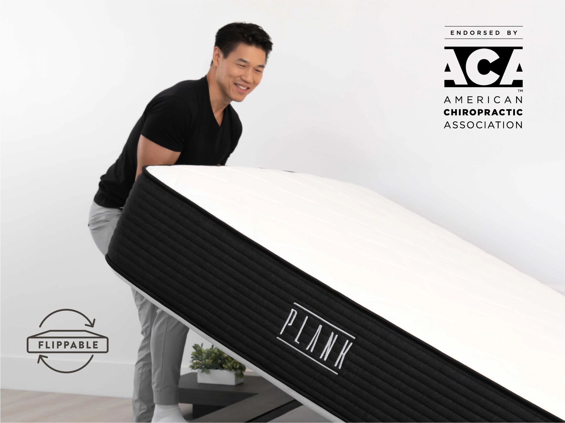 Man standing next to a white and black exercise board with 'Flippable' and 'Plank' branding, endorsed by ACA.