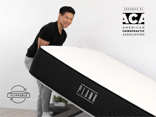 Man standing next to a white and black exercise board with 'Flippable' and 'Plank' branding, endorsed by ACA.