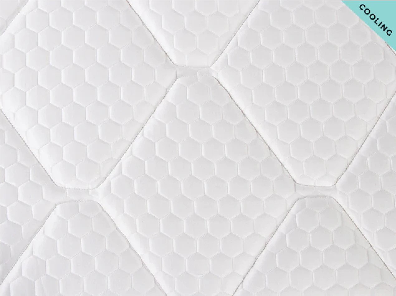 Hexagonal patterned mattress topper with 'Cooling' label