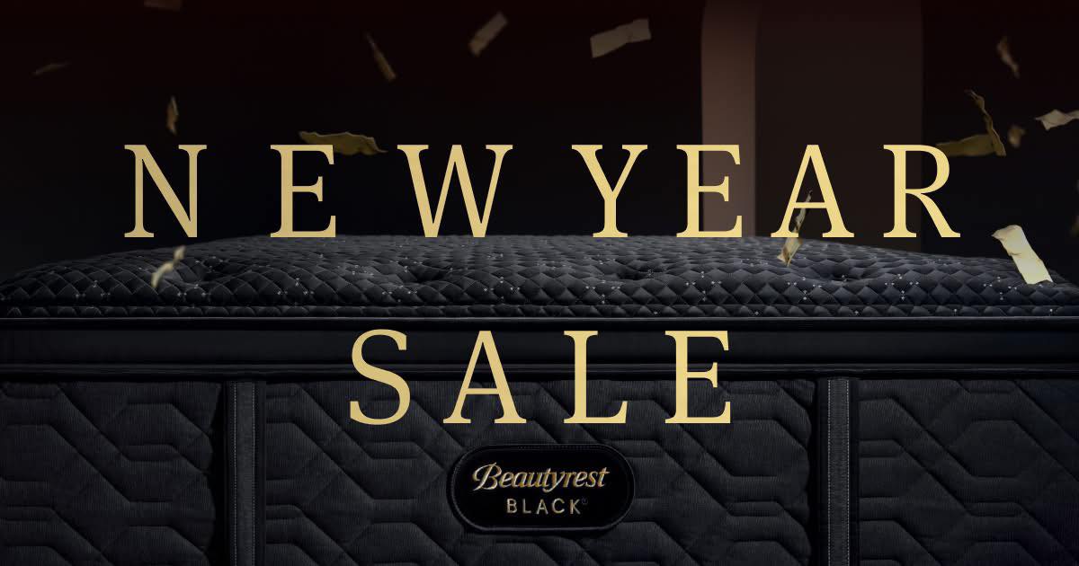 Black mattress with 'New Year Sale' text and Beautyrest Black logo