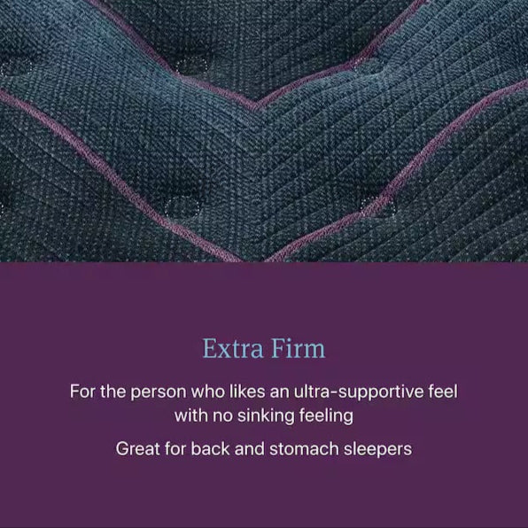 Text describing an extra firm mattress topper with purple stitching on a dark background.