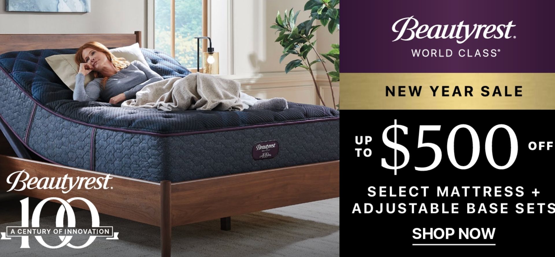 Advertisement for Beautyrest mattresses with a woman lying on a mattress and a promotional offer.